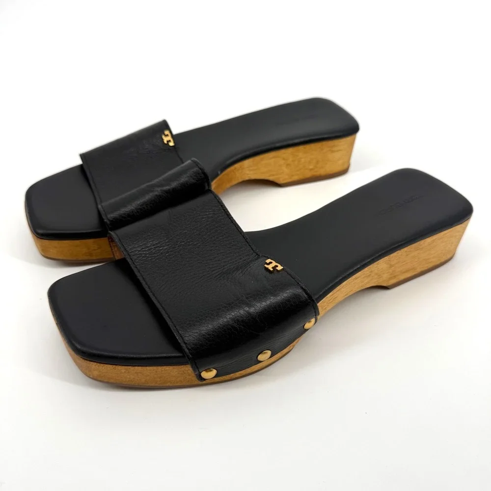 Tory Burch $298 Black Leather Clogs Sandals 9.5 Quiet Luxury Resort Capsule Chic